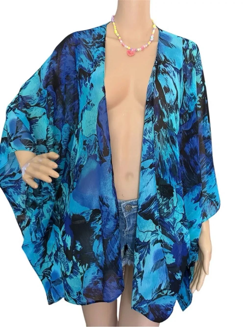 Catherines Blue & Black Floral Sheer Kimono Swimsuit Cover Flowy Top